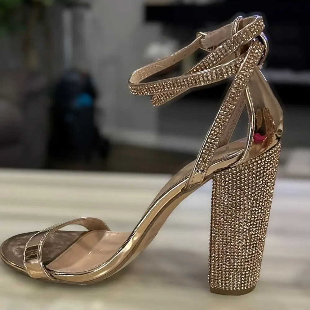 Wild Diva rose gold metallic and crystal block heels double wrap‎ ankle size 5.5 - Picture 4 of 10